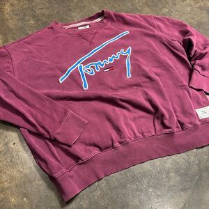 Tommy Hilfiger Mens Large Crewneck Sweatshirt Burgundy Spellout Logo Graphic